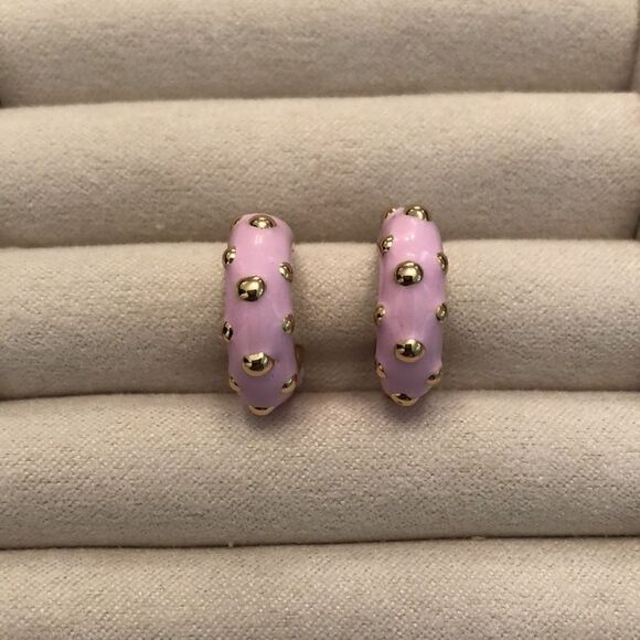 Open Edit | Pink Enamel and Gold Tone Hoops | 3/4” Diameter - Picture 2 of 3